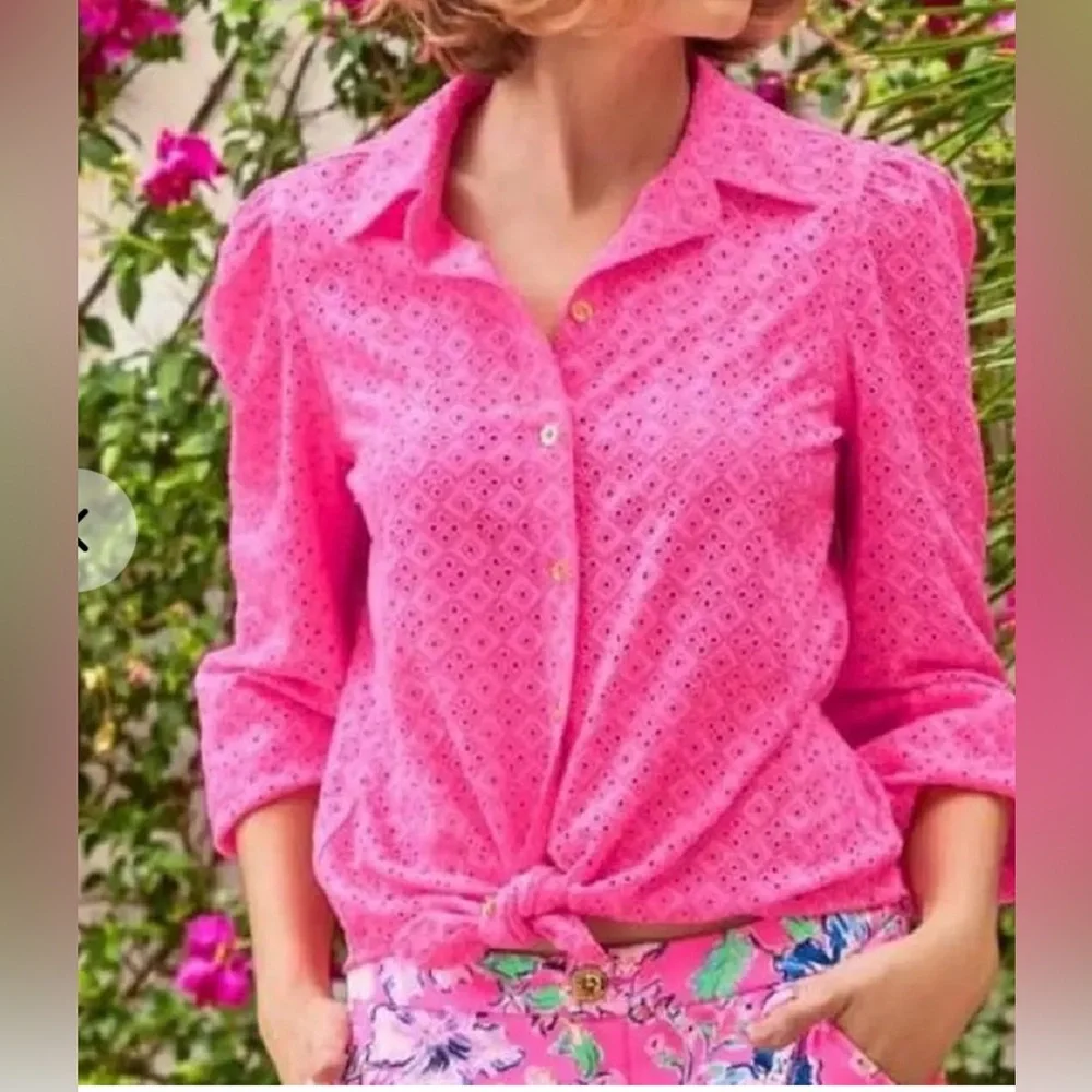 Lilly Pulitzer Bright Pink Eyelet Blouse - Picture 3 of 11